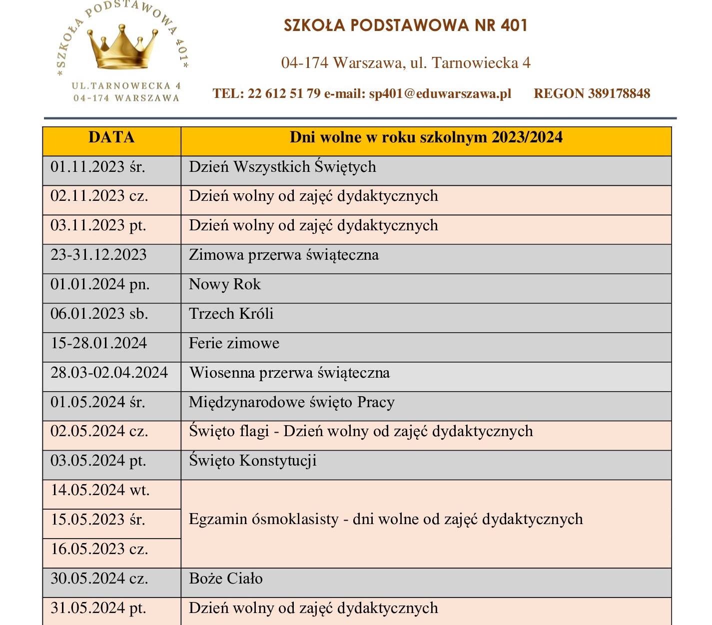 Dni Wolne W Roku Szkolnym Szko A Podstawowa Nr W Warszawie