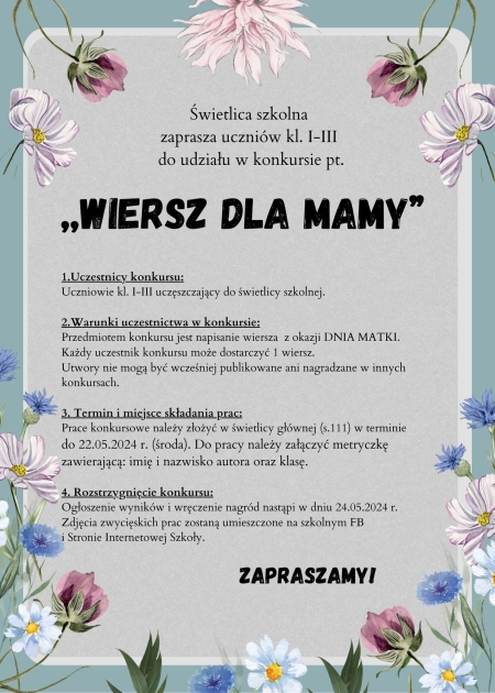 konkurs świetlicowy pt. ''Wiersz dla Mamy''