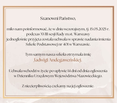 Uchwała w sprawie nadania imienia Szkole Podstawowej Nr 401