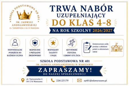 Trwa nabór uzupełniający do klas 4-8 na rok szkolny 2026/2027