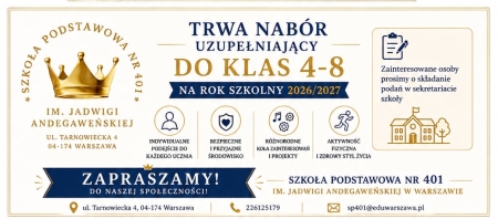 Trwa nabór uzupełniający do klas 4-8 na rok szkolny 2026/2027